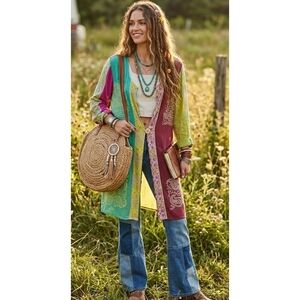 Soft Surroundings Paisley Breezy Batik  Kimono Green & Purple Size M